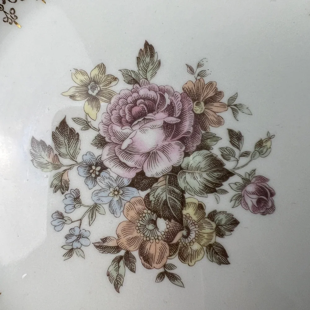 Homer Laughlin Bread Plates 4pc 6.25in Pink Floral Gold Georgian Eggshell Vtg